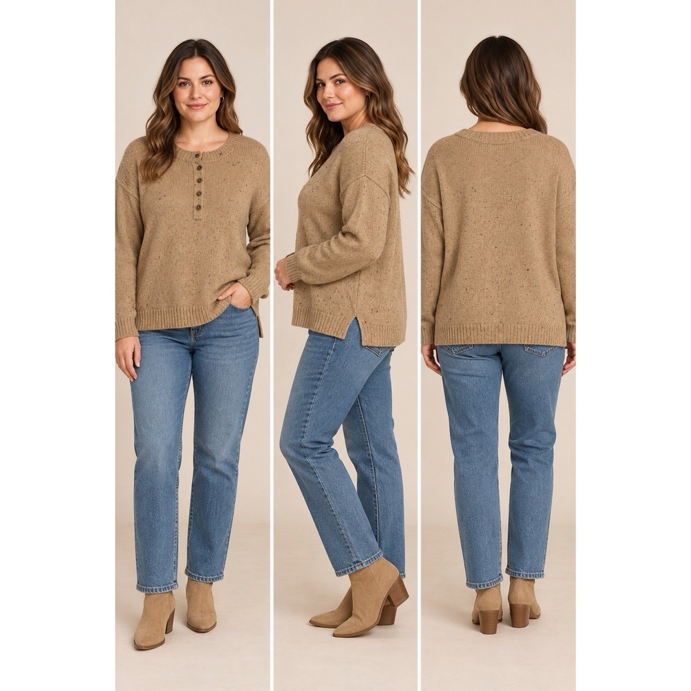 Blu Pepper Women's Large Tan Multicolor Flecked Knit Henley Sweater Preppy Fall